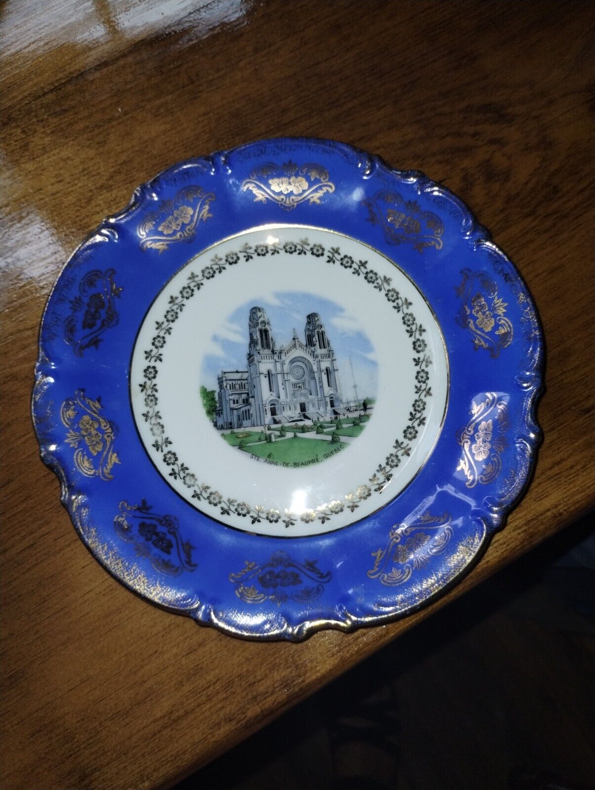VINTAGE QUEBEC CANADA CHURCH PLATE BLUE AND GOLD GERMANY MADE