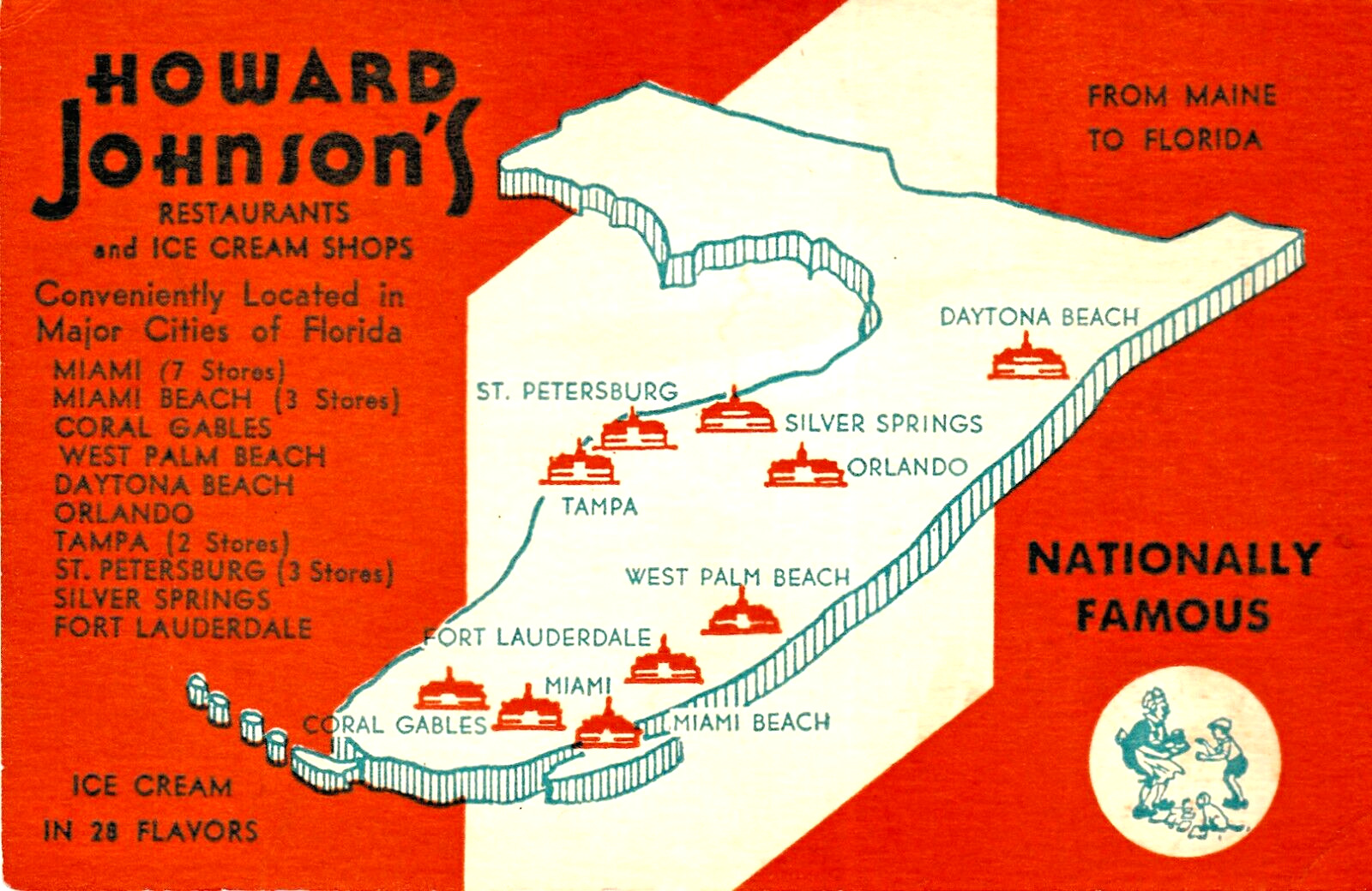 Howard Johnsons HoJo Restaurant Florida Locations Map Vintage Postcard Unused
