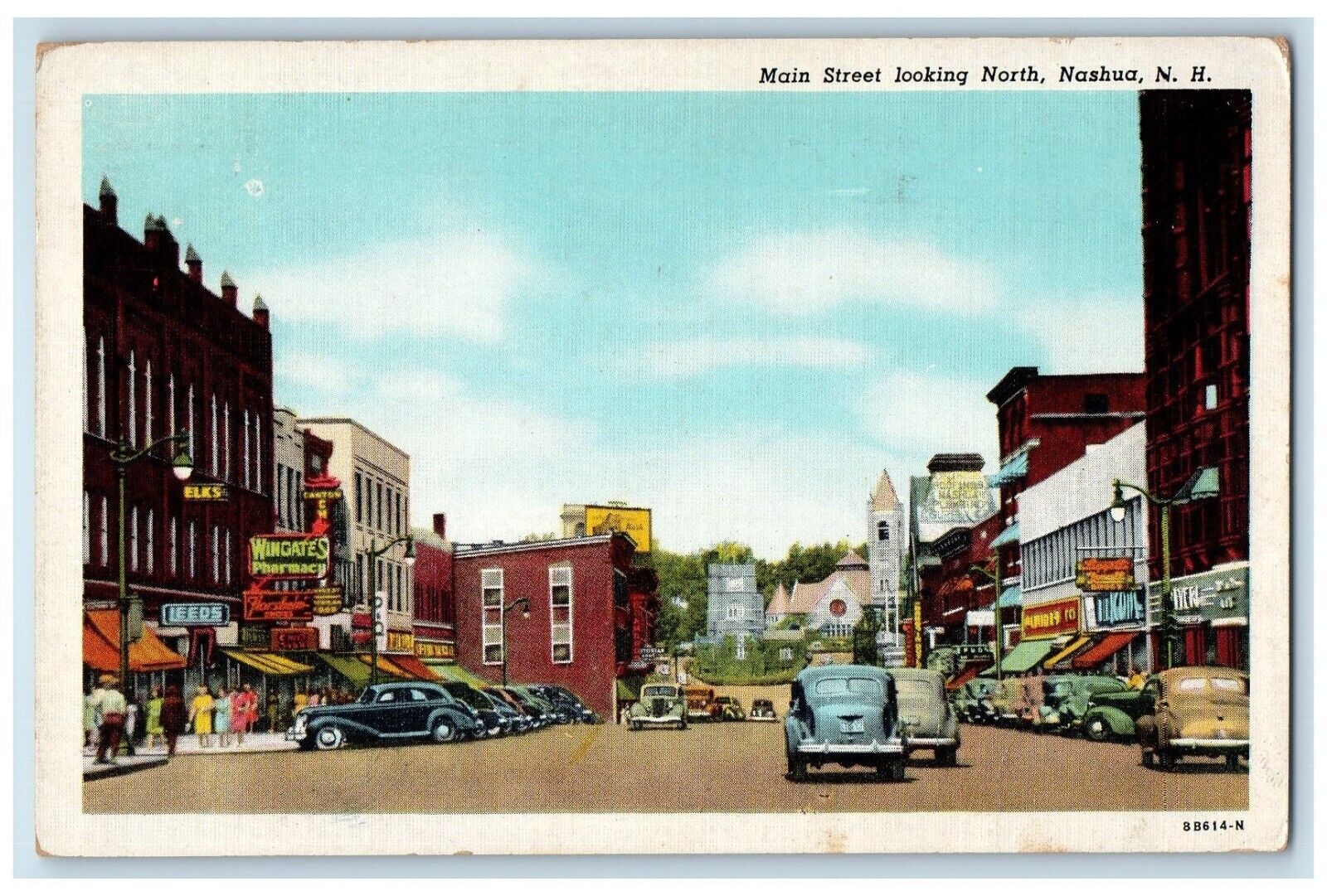 1950 Main Street View Cars Wingate Pharmacy Worcester MA Nashua NH Postcard