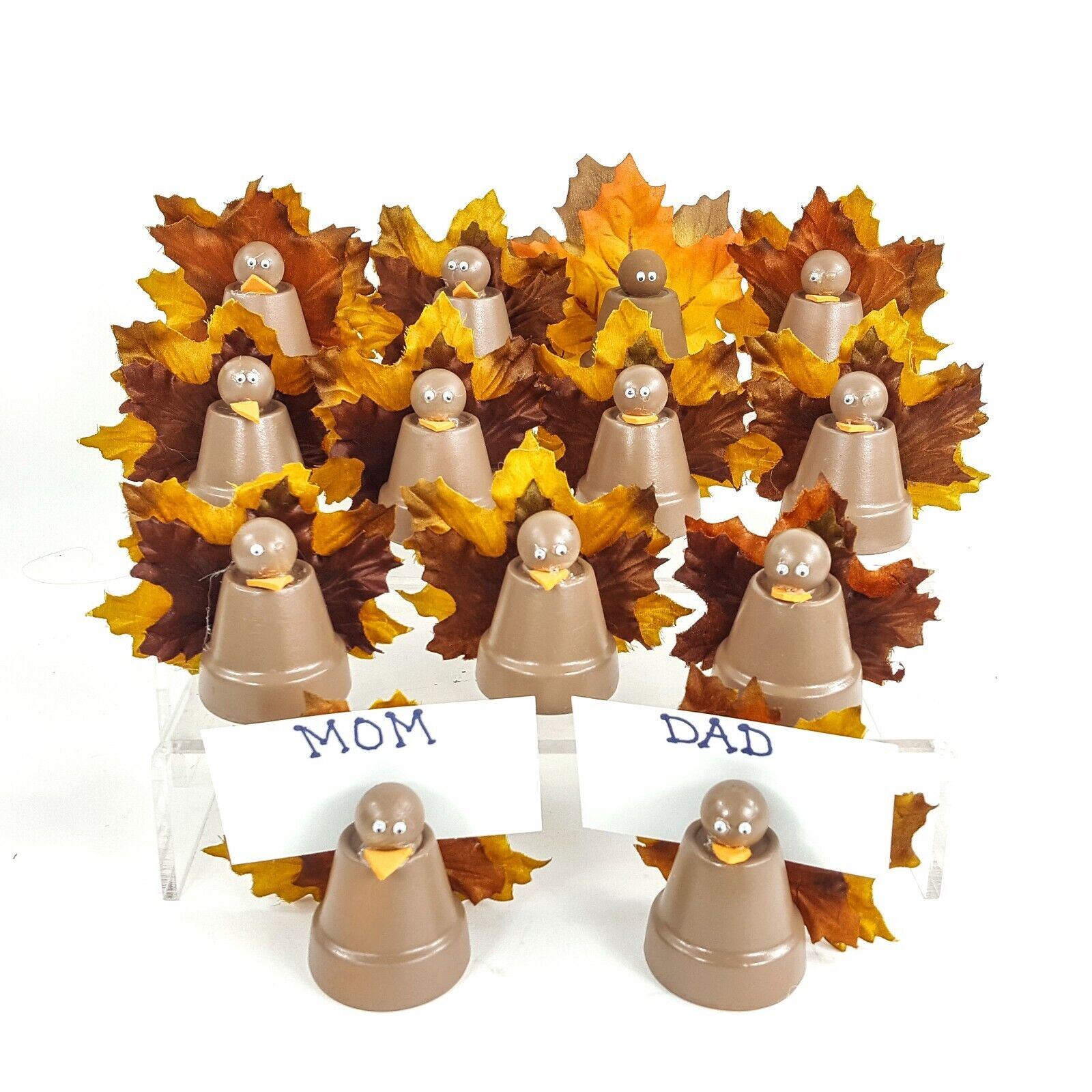 Handmade Thanksgiving Turkey Place Card Setting 13pcs Clay Pot w Leaf Feathers