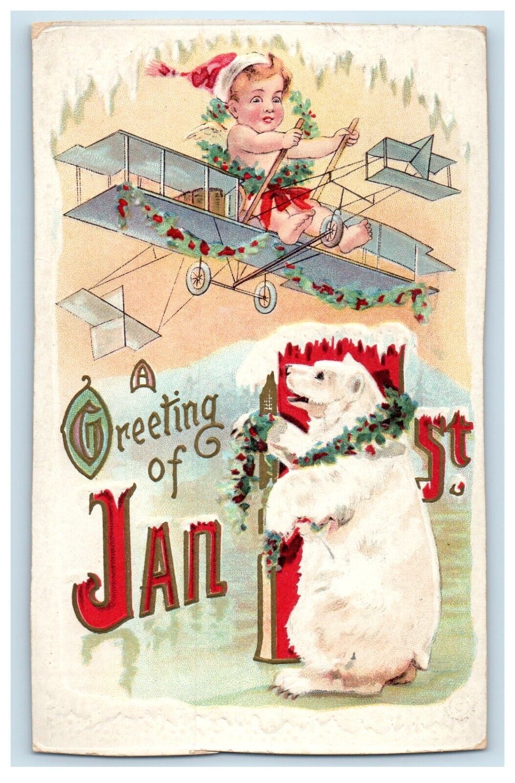1911 Greetings Of Jan 1st Polar Bear Holly Wreath Angel Cherub Airplane Postcard