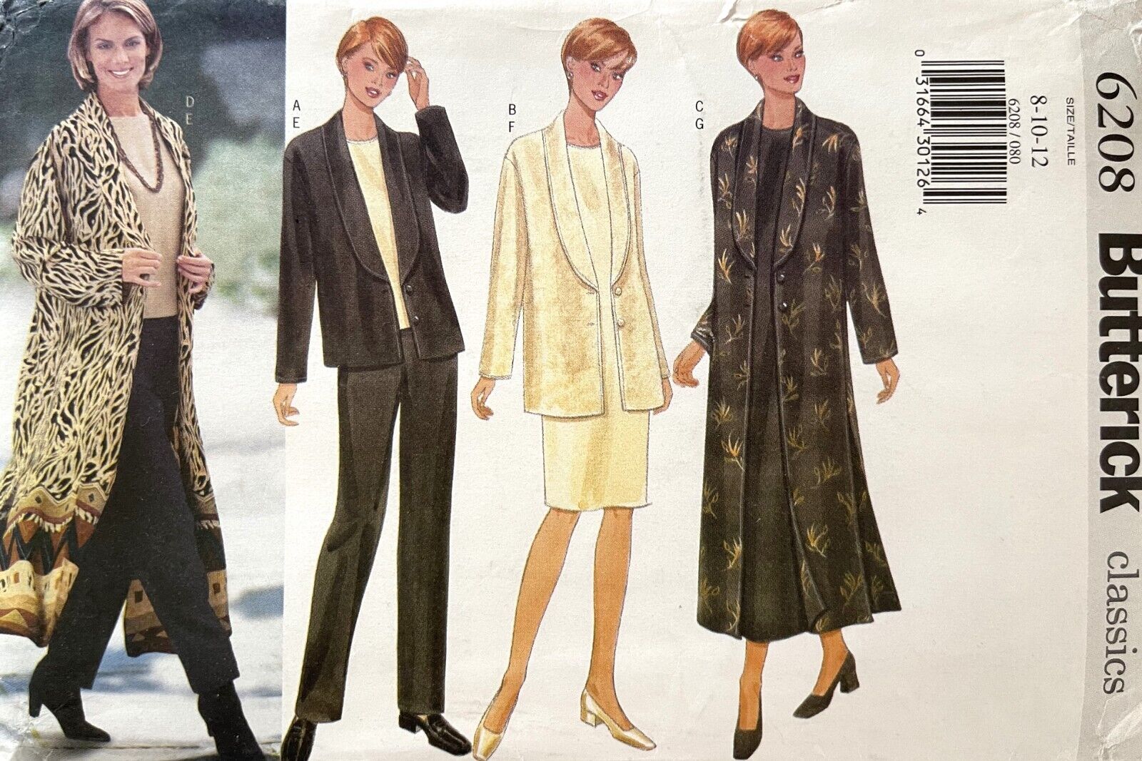 1990\'s Butterick Misses\' Jacket,Duster,Top,Dress  Pattern 6208 Size 8-12 UNCUT