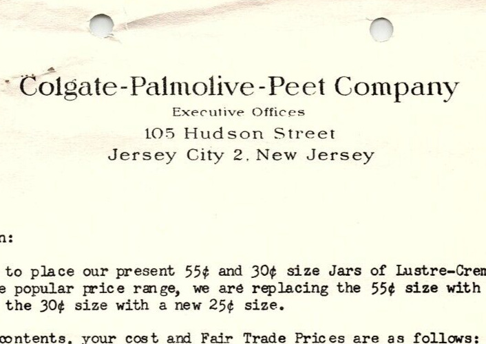 1940s COLGATE-PALMOLIVE-PEET COMPANY JERSEY CITY NJ PRICE LIST BILLHEAD Z921
