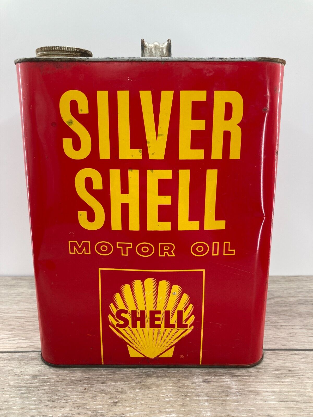 Vintage Silver Shell Motor Oil Can 2 Gallon Retro Advertising Farm Fresh SAE 30