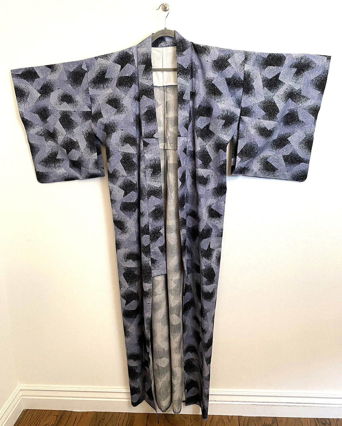NWOT VTG Hand Sewn Blue Gray Abstract Kimono Unisex X Long Cotton M/L