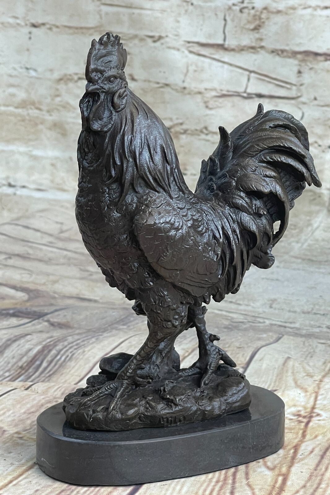 Chicken Rooster Farm Animal Bronze Statue Sculpture Figure Decor on Marble Base