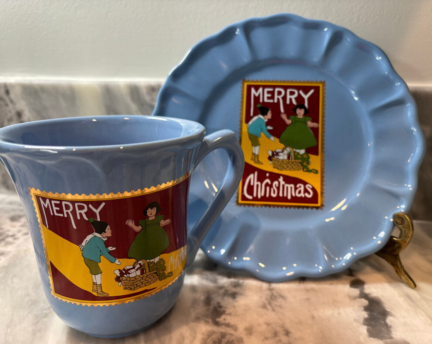 NWT Anthropologie LOUCARTE Merry Christmas Retro Graphics Mug & Dessert Plate BL