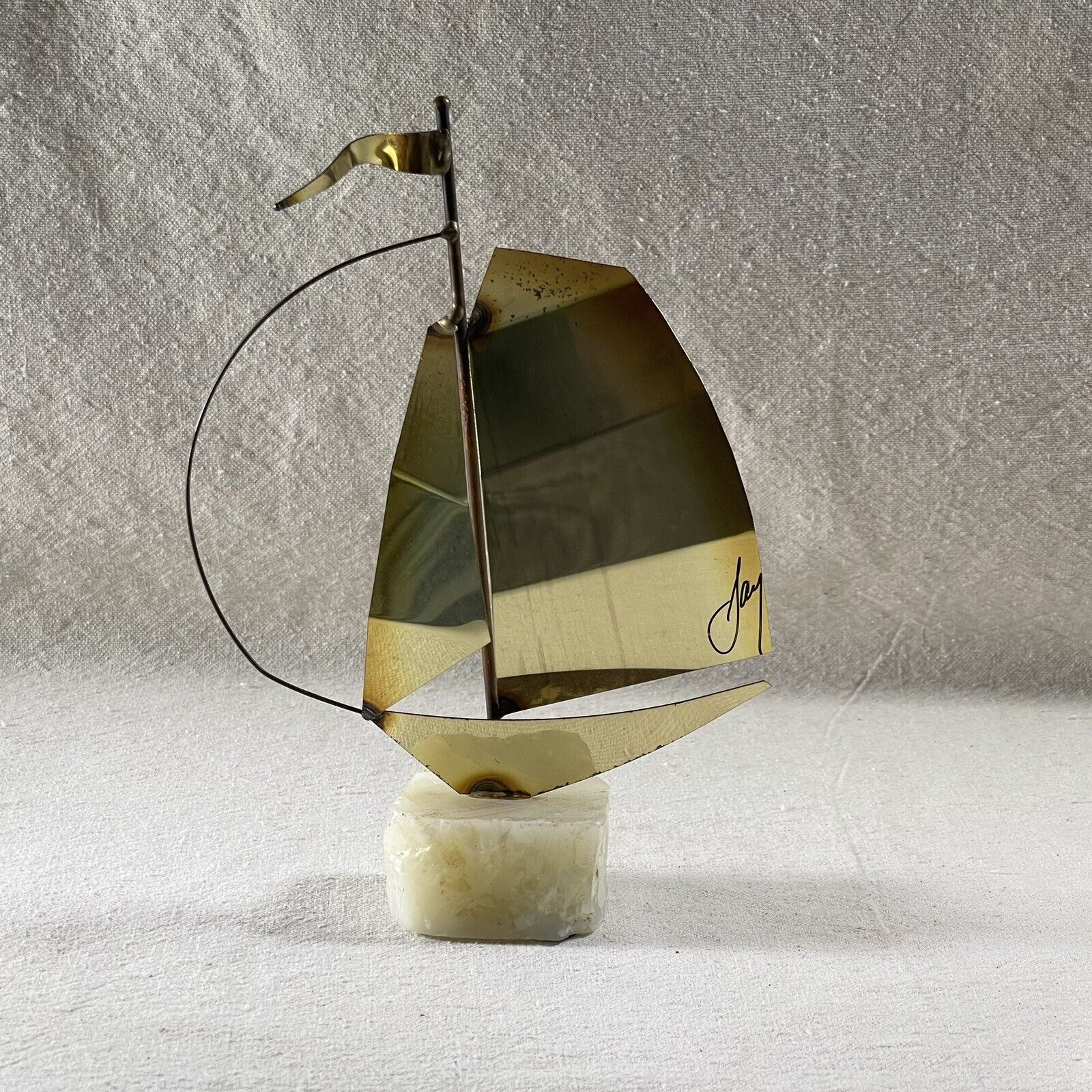 Vintage “John DeMott” Style Signed Metal Brass Sailboat Sculpture On Stone Base