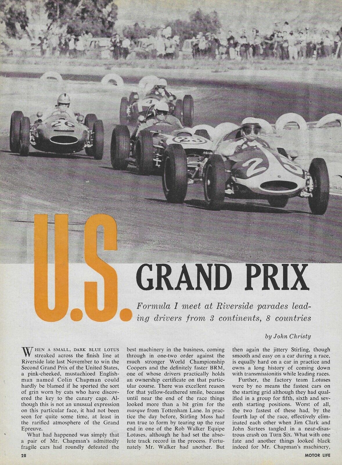 1960 U.S. Grand Prix Riverside Formula I Magazine Article Ad Stirling Moss 60