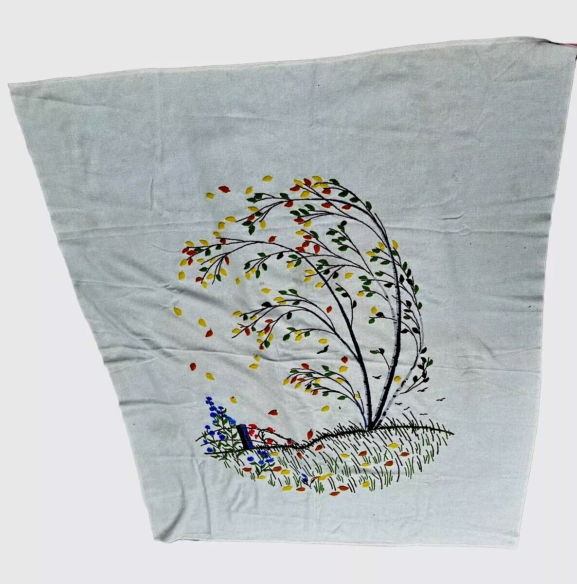 Vintage Hand Embroidered Textile Fall Tree Windy Field Leaves Pattern 53\
