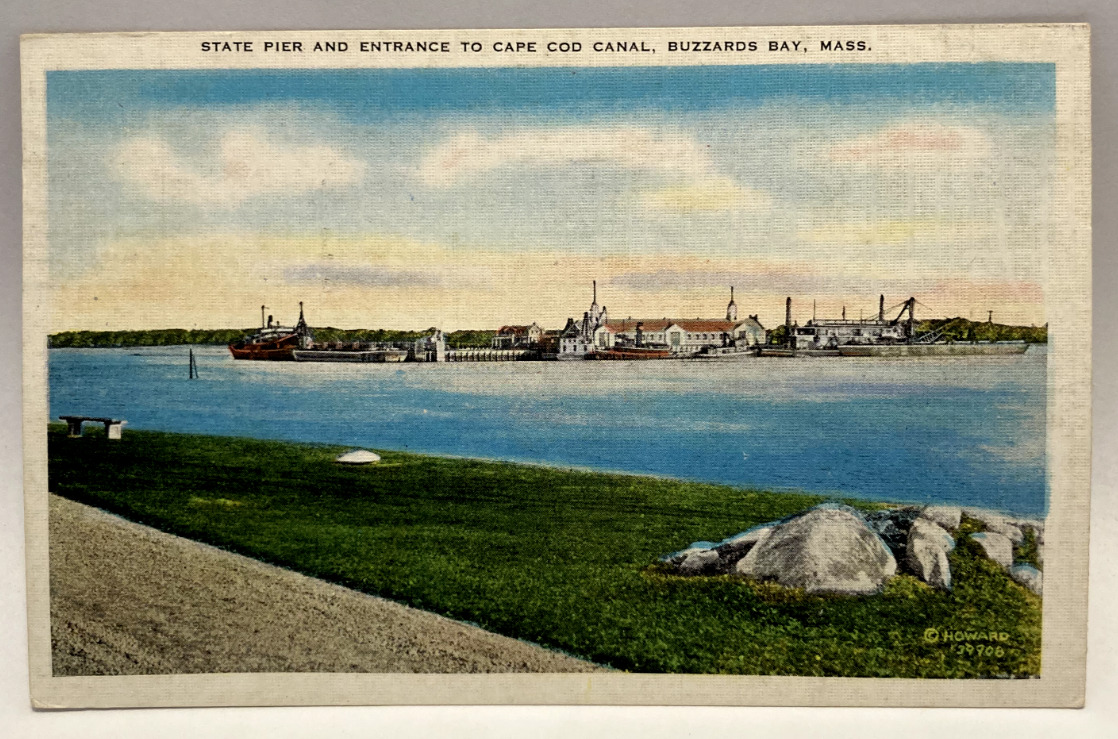 State Pier & Entrance to Cape Cod Canal, Buzzards Bay, MA Vintage Postcard