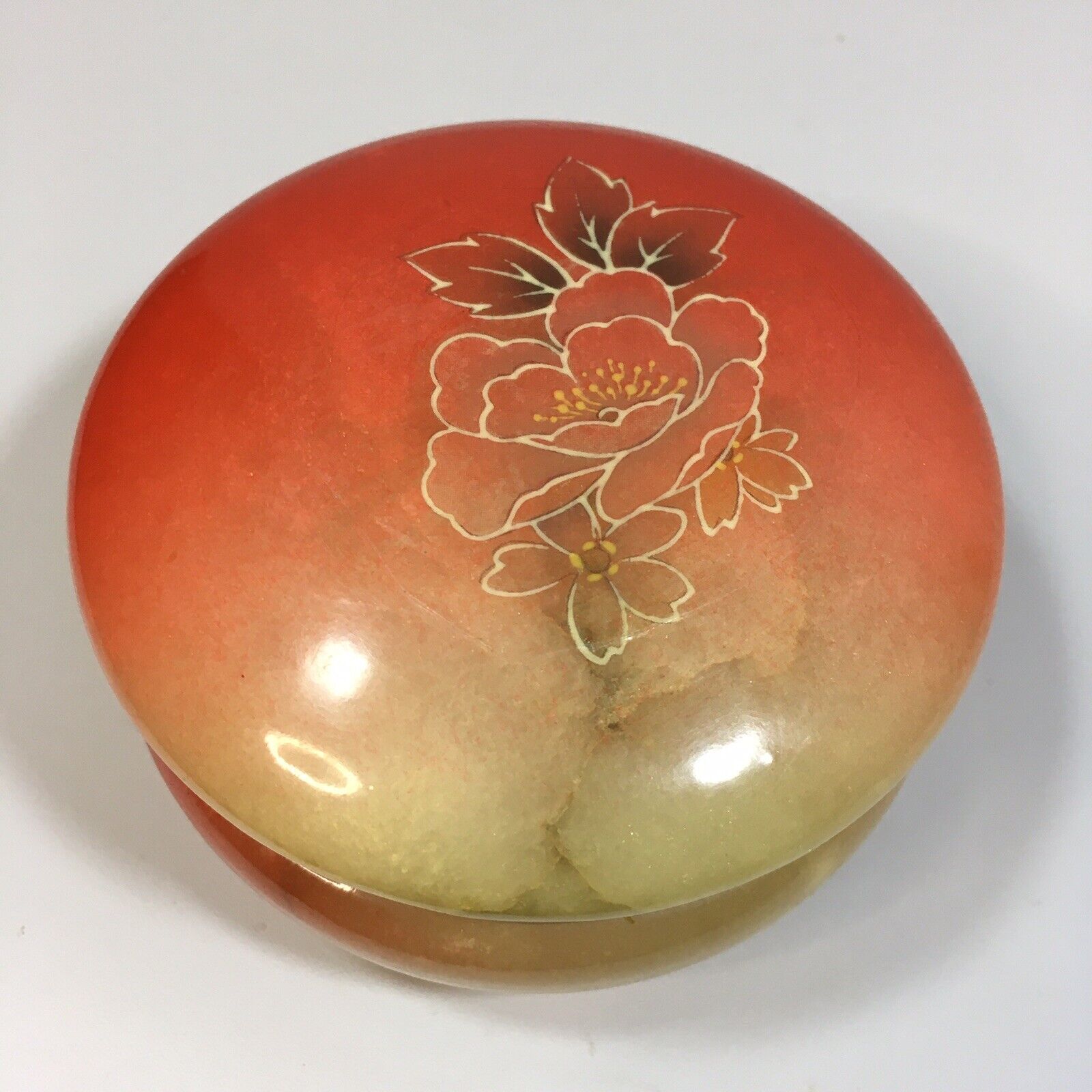 Vintage Coral Alabaster Round Trinket Dish Hinged Lid Made in Italy Hand Carved