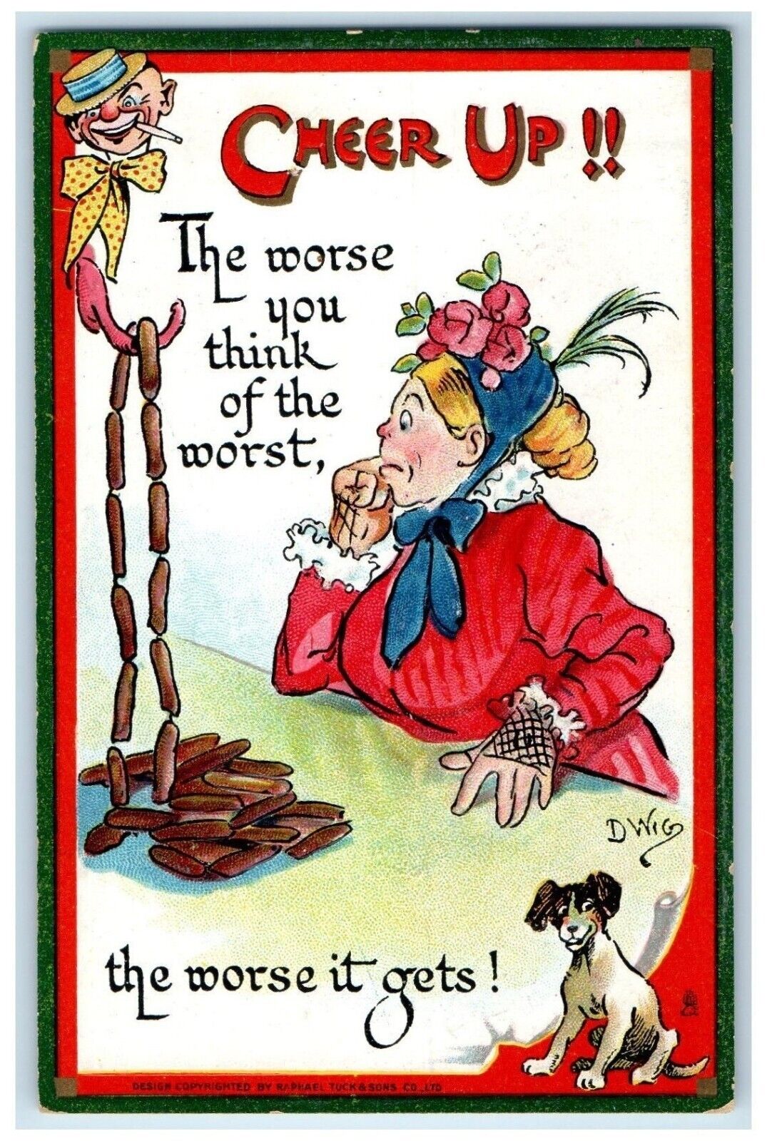 1911 Cheer Up Motto Woman Sausage Dog Dwig Tuck\'s Embossed Antique Postcard