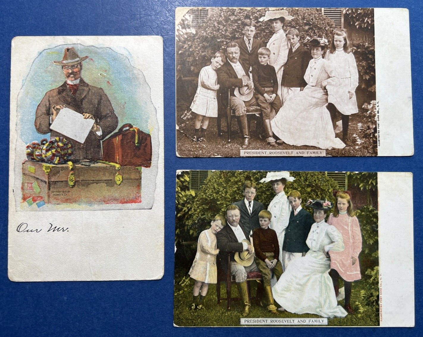 3 President T. Roosevelt Antique Patriotic Postcards. Family. Comic. 1908 era