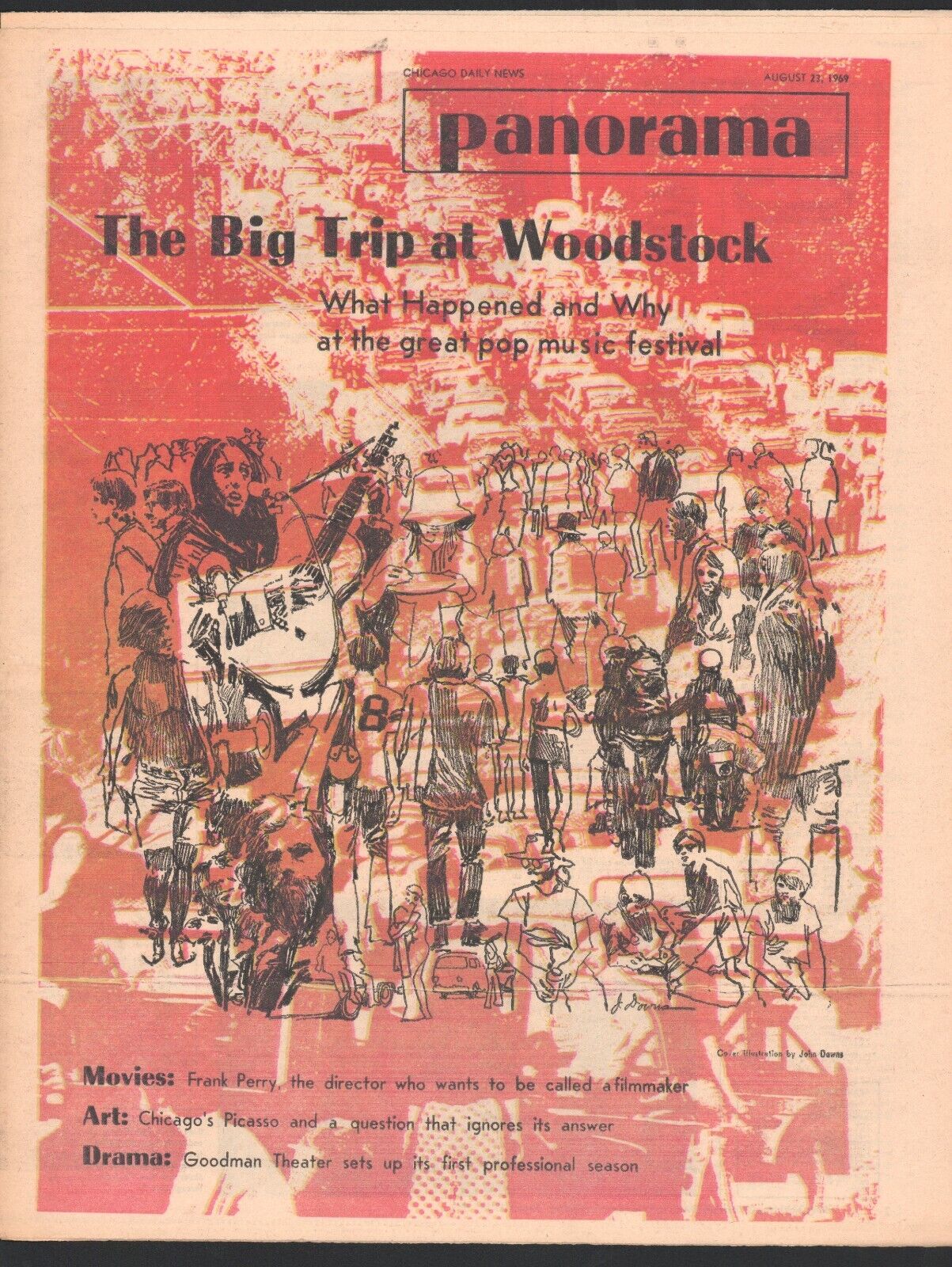 Woodstock 1969 Music Festival on cover Panorama Newspaper August 23 Original