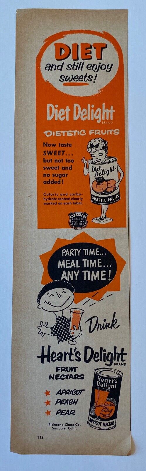 1954 Diet Delight Fruit Heart\'s Delight Drinks Fruit Nectars California  Ad 
