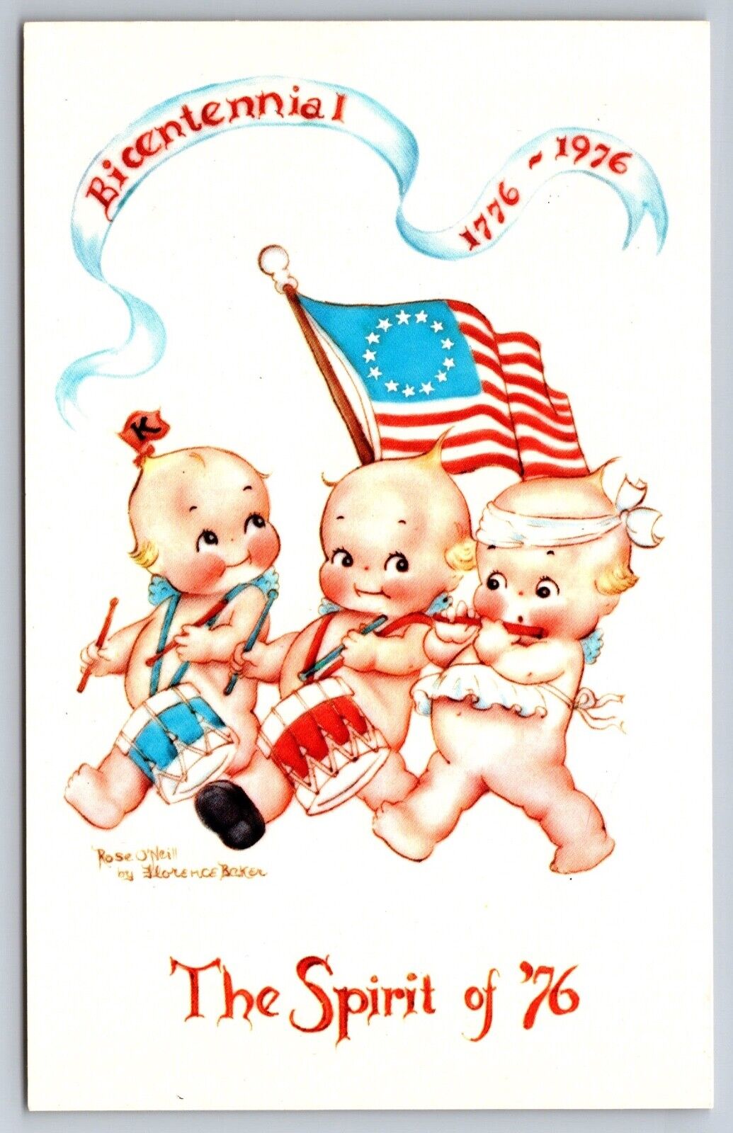 Postcard Bicentennial Rosie O\'Neil Kewpies Drummers 13 Star American Flag 