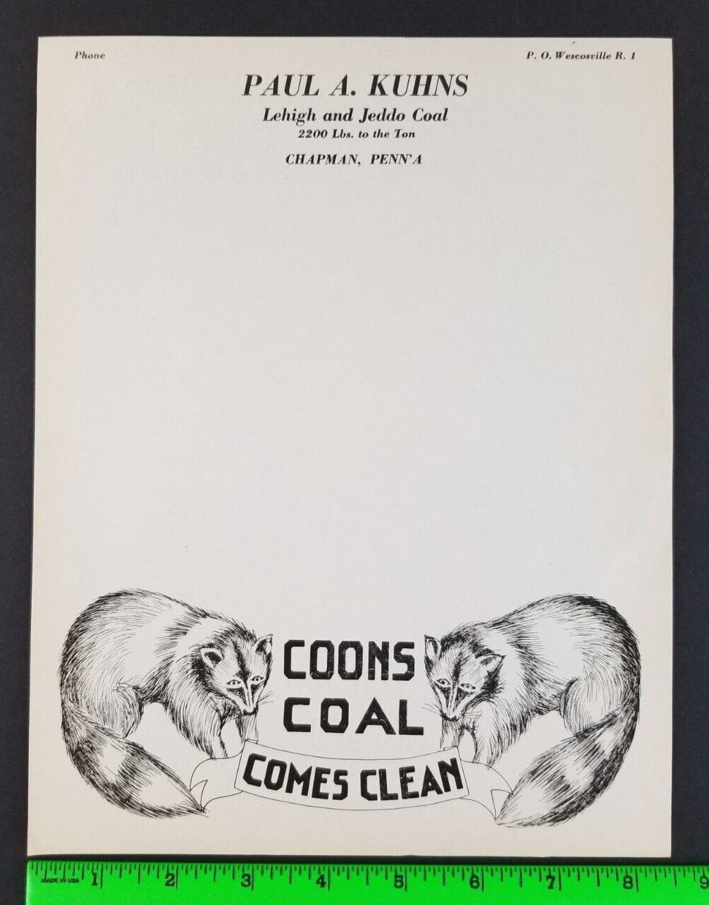 Vintage 1930\'s Lehigh Jeddo Coal Coons Coal Chapman Pennsylvania Letterhead