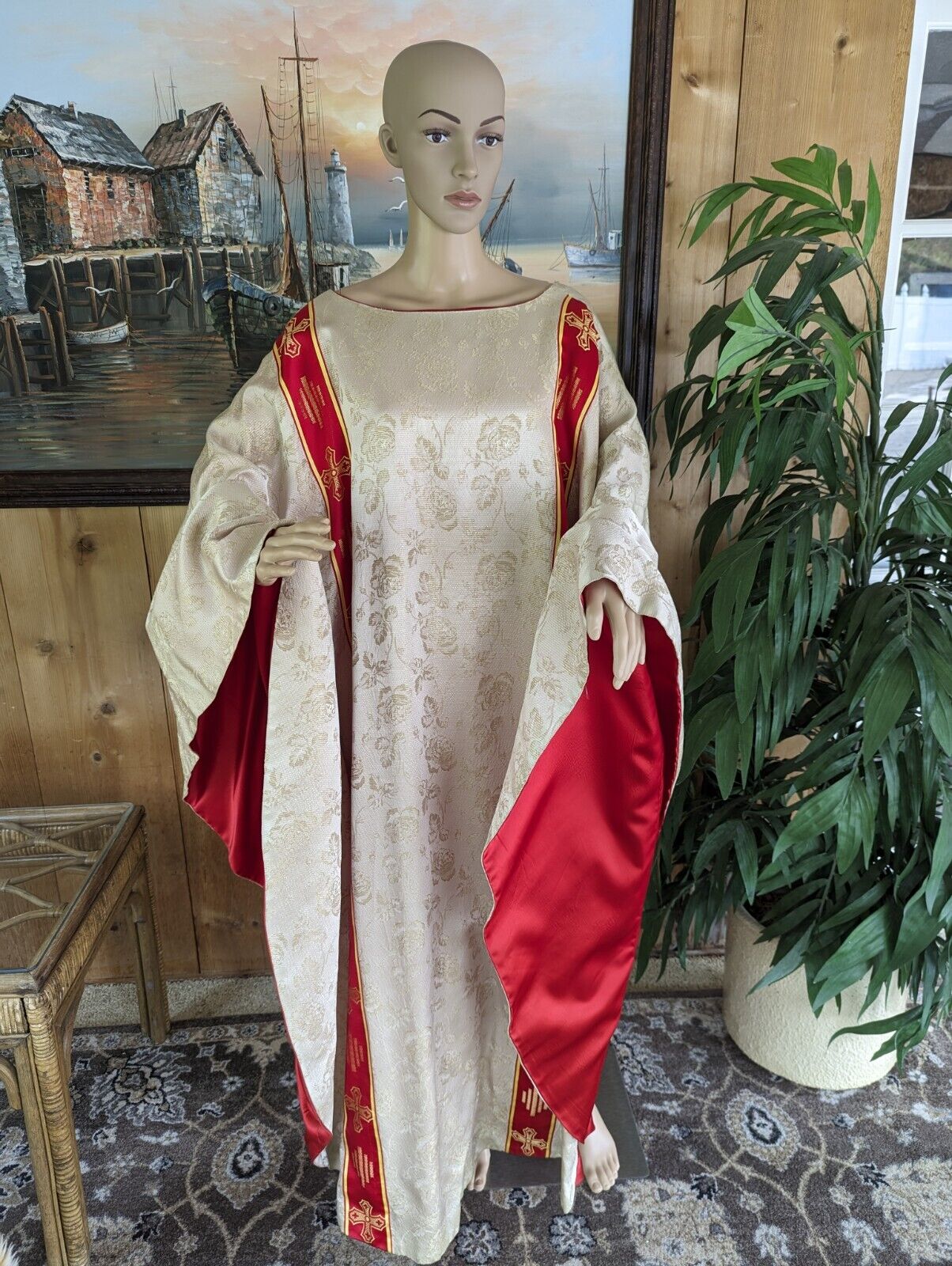 Vintage Catholic Priest Brocade Chasuble Handmade Cream Red Embroidered Symbols
