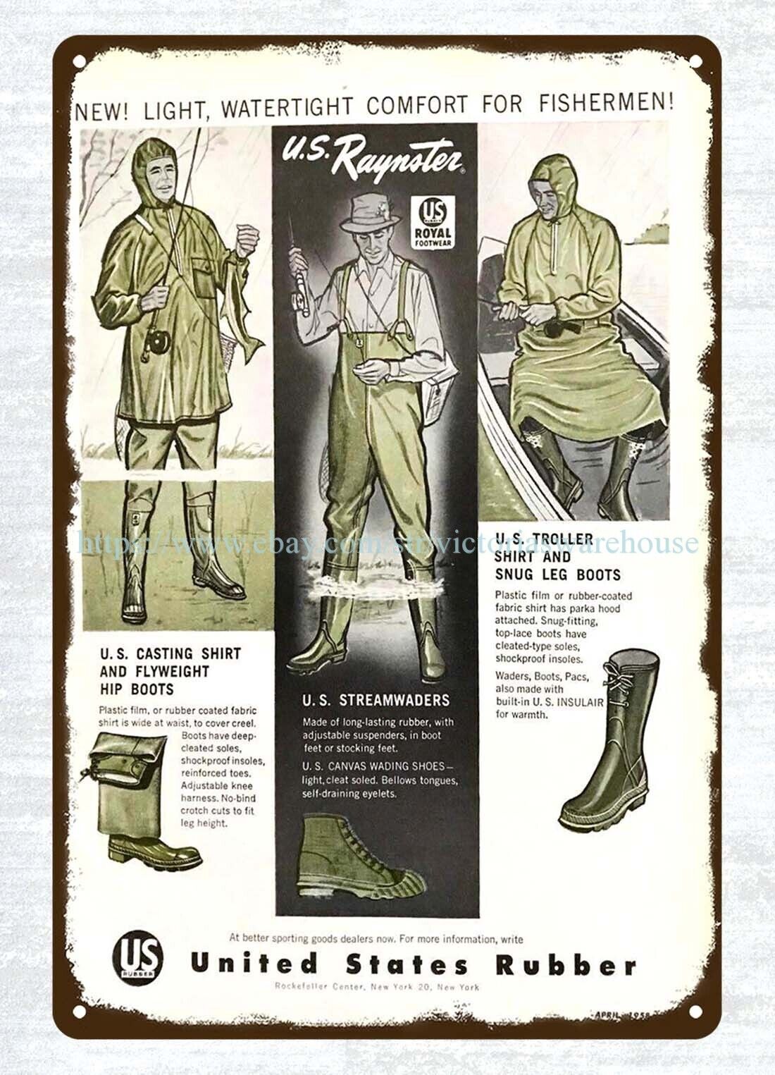 1958 US Rubber Fishing Outdoor Gear Waders Boots Shirt metal tin sign