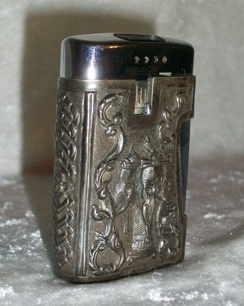 Vintage Sterling Siam Silver Elephant Case Ronson Varaflame Comet Butane Lighter