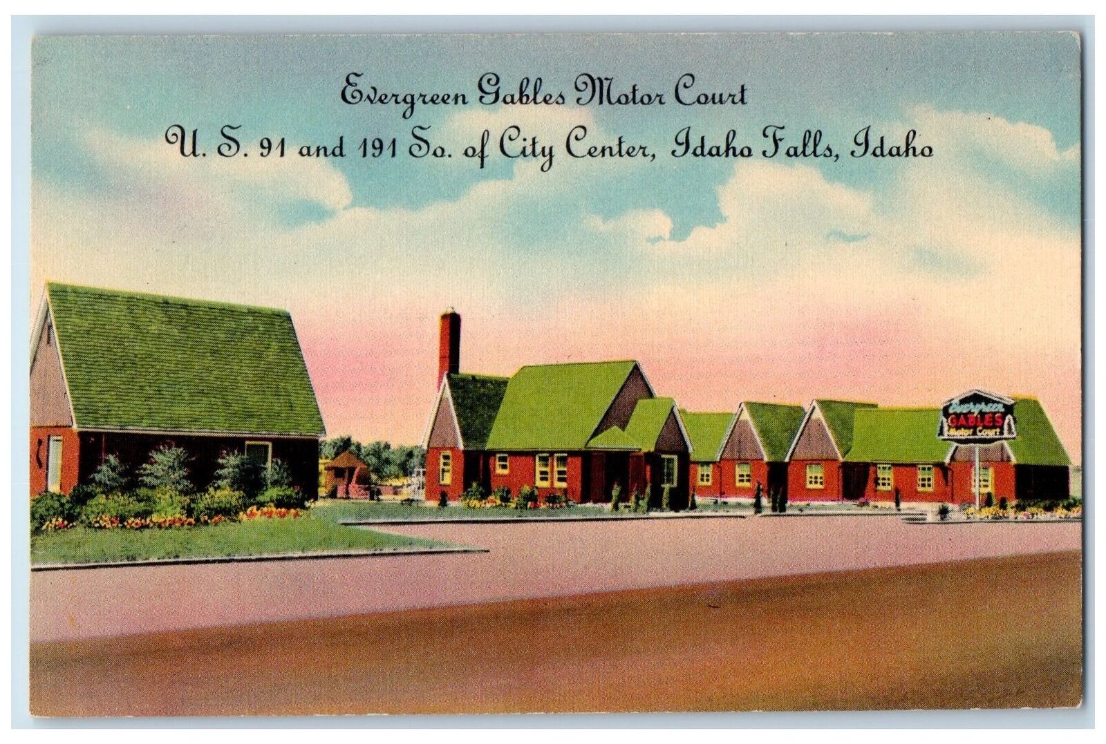 Idaho Falls Idaho ID Postcard Evergreen Gables Motor Court Exterior Scene c1940s