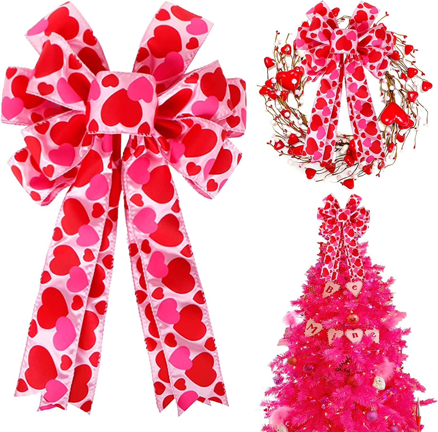Valentine Tree Topper Bow with Heart Decorations, 11.4”X19.6” Large Red Pink 