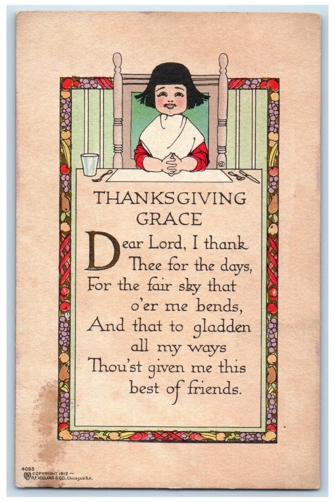 1912 Thanksgiving Grace Praying Volland Arts Crafts Posted Antique Postcard