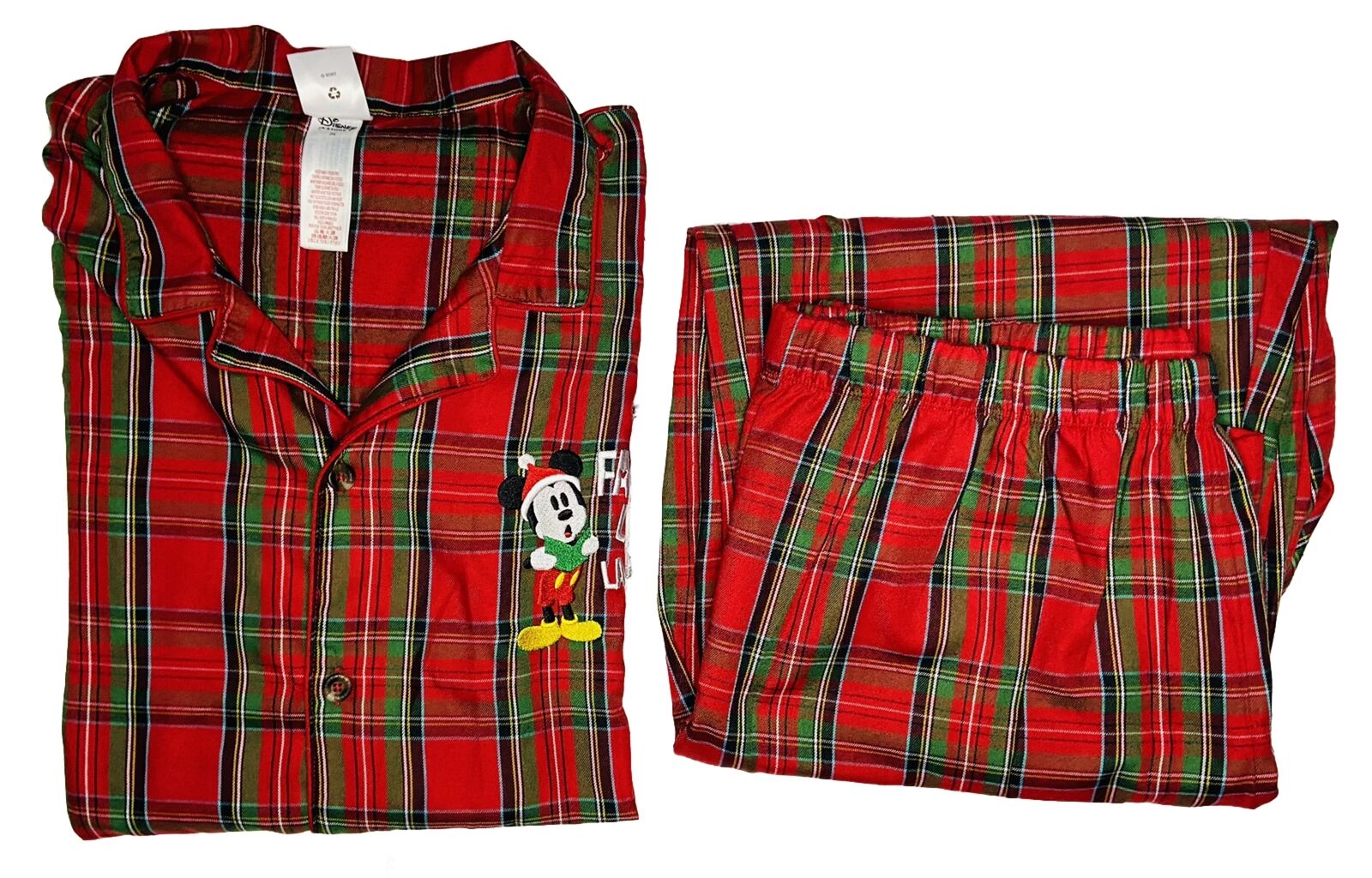 *SET* Disney Store Men\'s Red Plaid Christmas Mickey Fa La Caroling Pajamas; 2XL