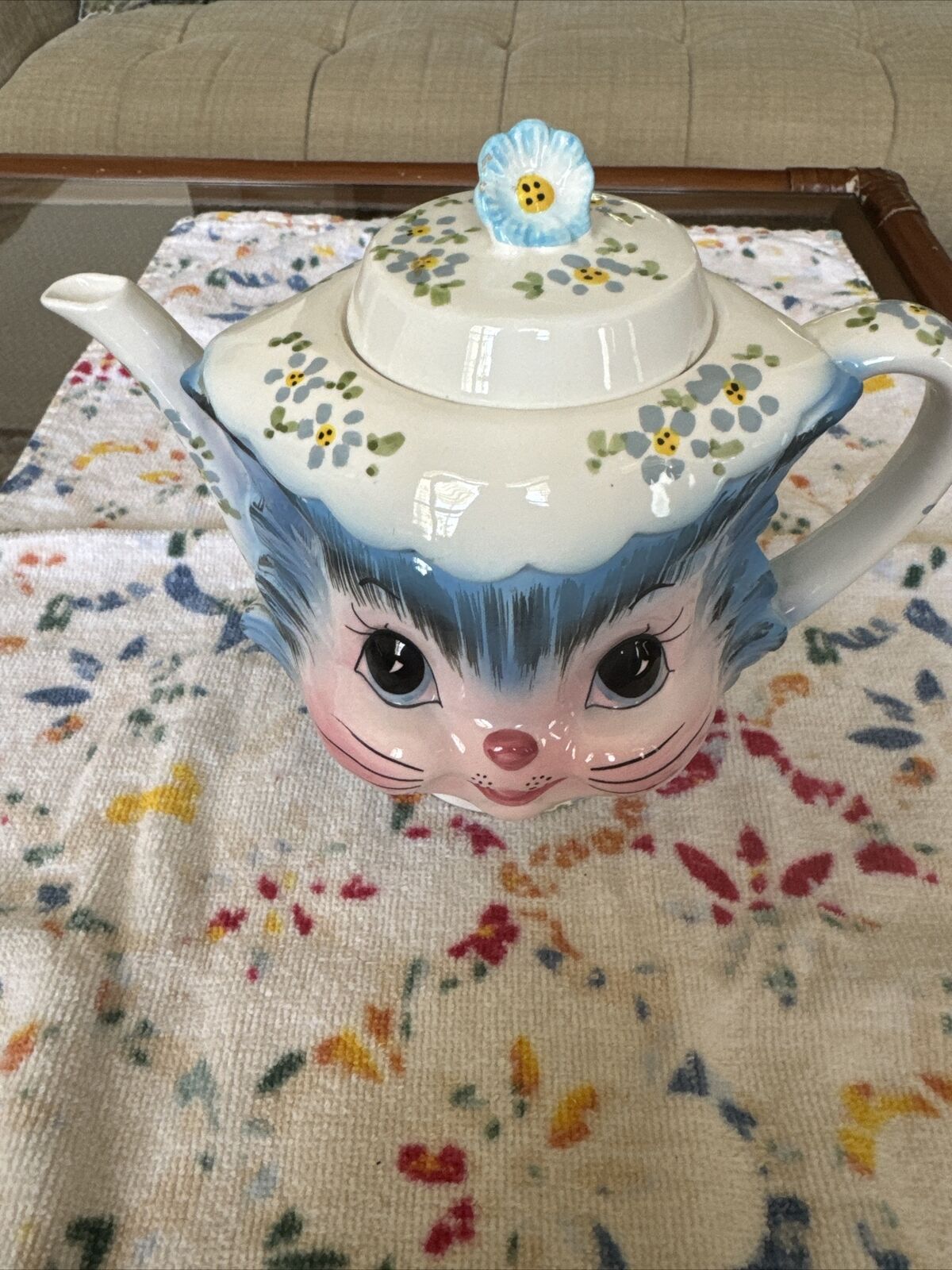 VINTAGE LEFTON MISS PRISS KITTY BLUE CERAMIC 4 CUP TEAPOT CAT TEA POT