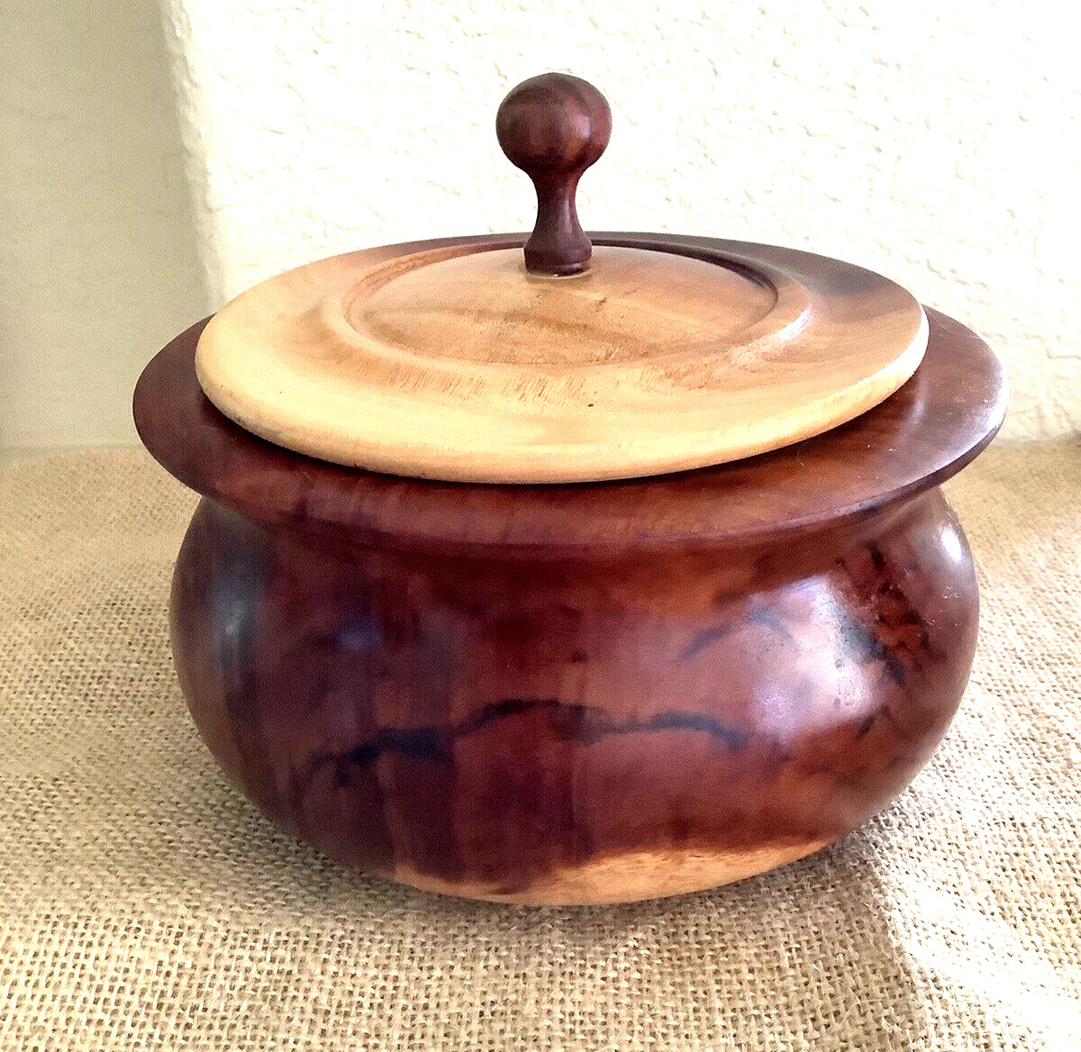 Vintage 60\'s Two Tone Burl Walnut Tobacco Canister W/ Lid in Very Good Condition