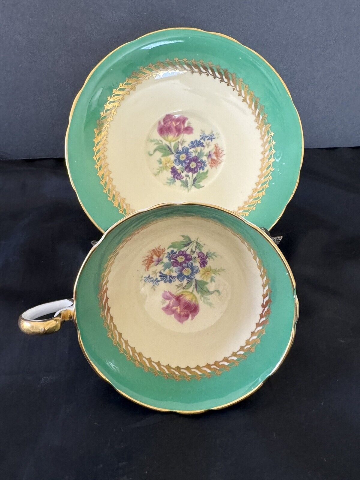 Aynsley Tea Cup and Saucer Set Green Band Floral Heavy Gold Gilt Scroll Ivory