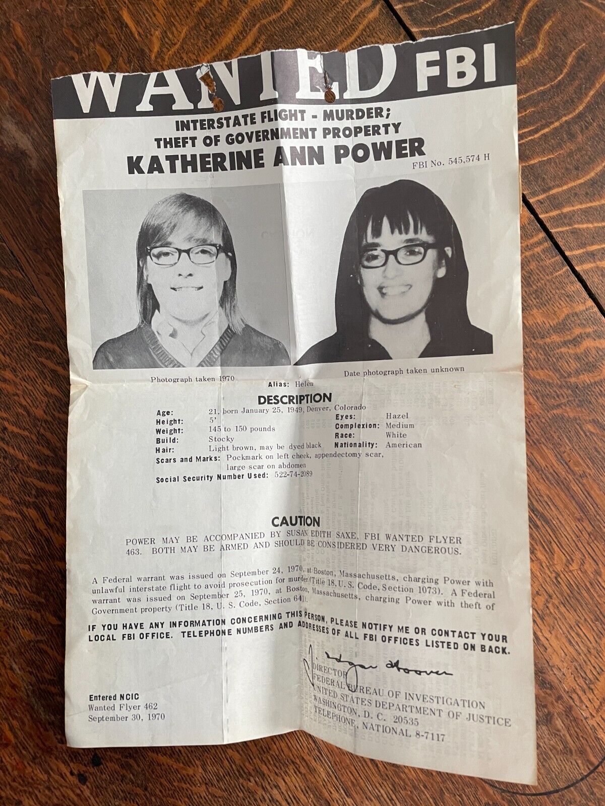 Vintage Original FBI Wanted Poster Flyer Katherine Ann Power