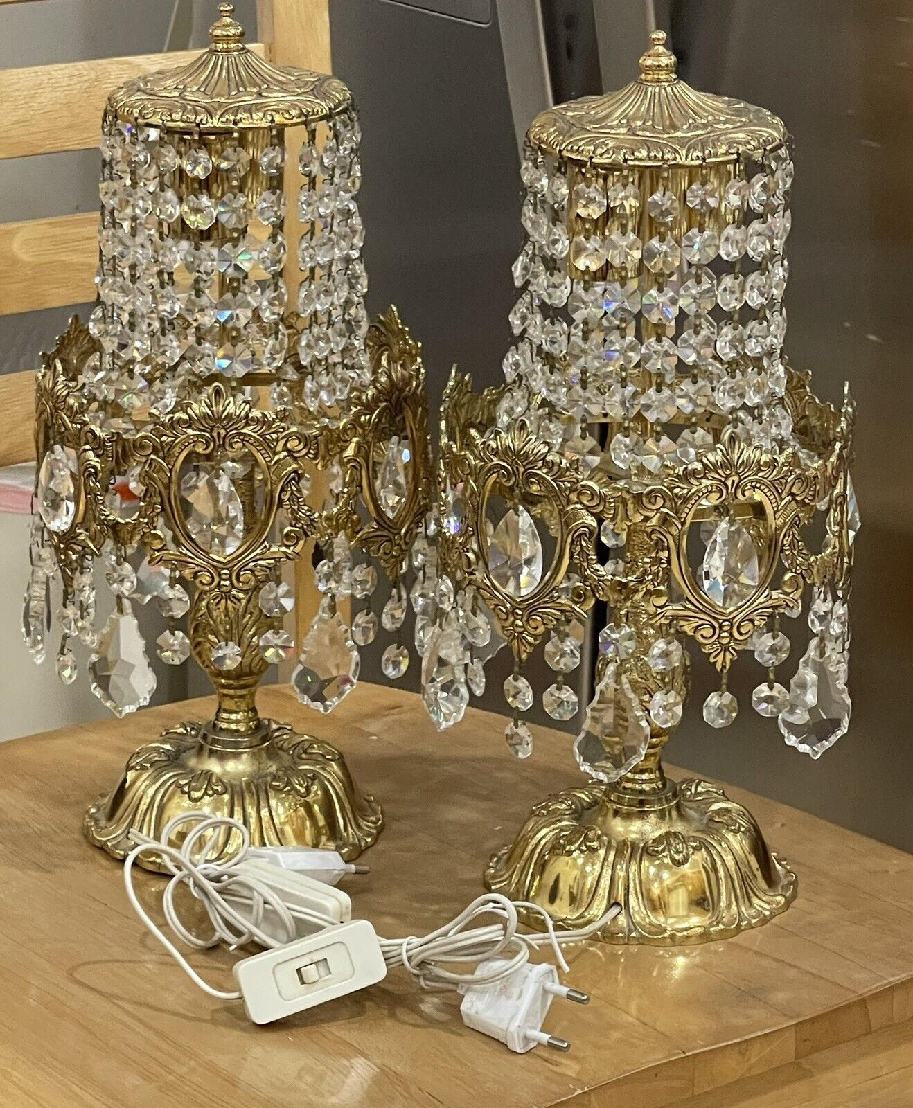 Pair of vintage bronze antique lamps w crystal drops. An Elegant Collectible