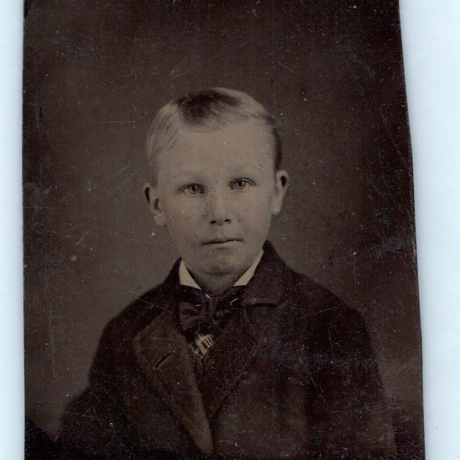 c1860s Handsome Young Man Sharp Tintype Photo Mature Little Boy Gaze 1/6 Vtg H38