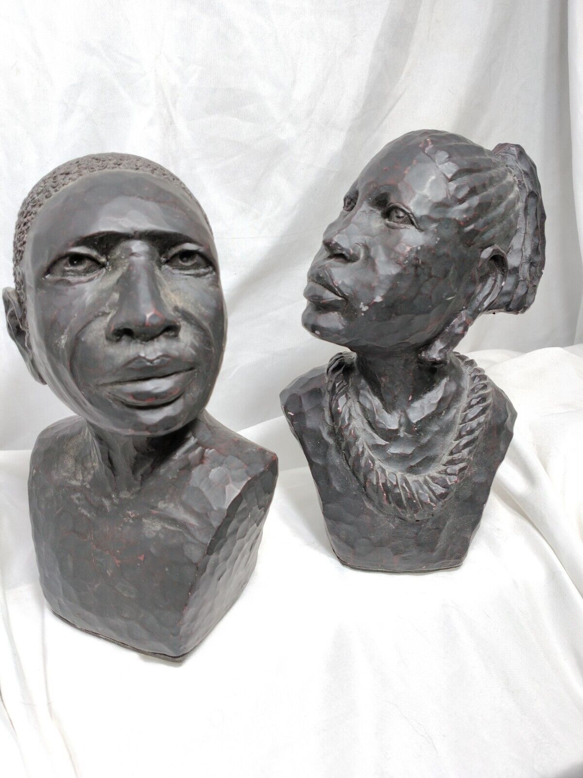 2 Vintage African Hand Carved Style Bookend Sculpture Man & Woman Head Bust