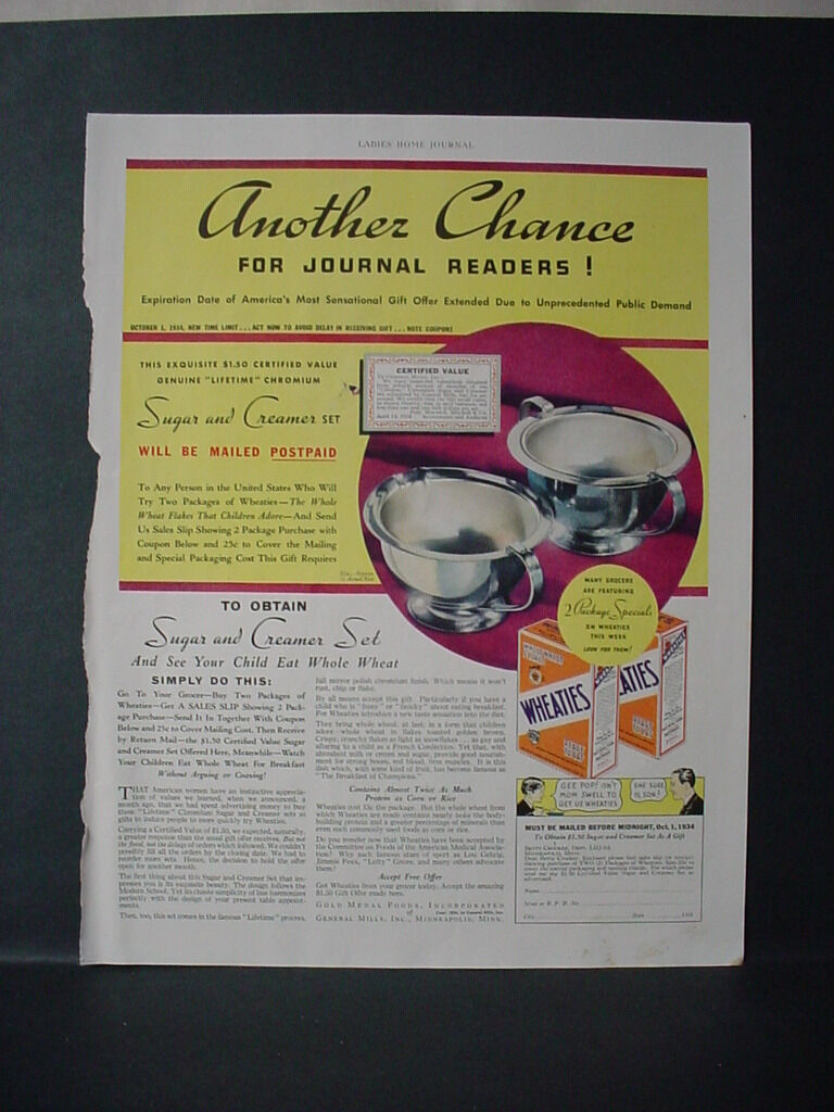 1934 Wheaties Cereal get Sugar + Creamer Set Vintage Print Ad 10971