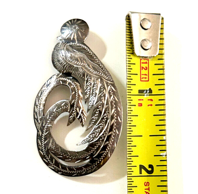 Vintage Guatemala 900 Sterling Silver Etched Quetzal Bird Brooch Pin 2\