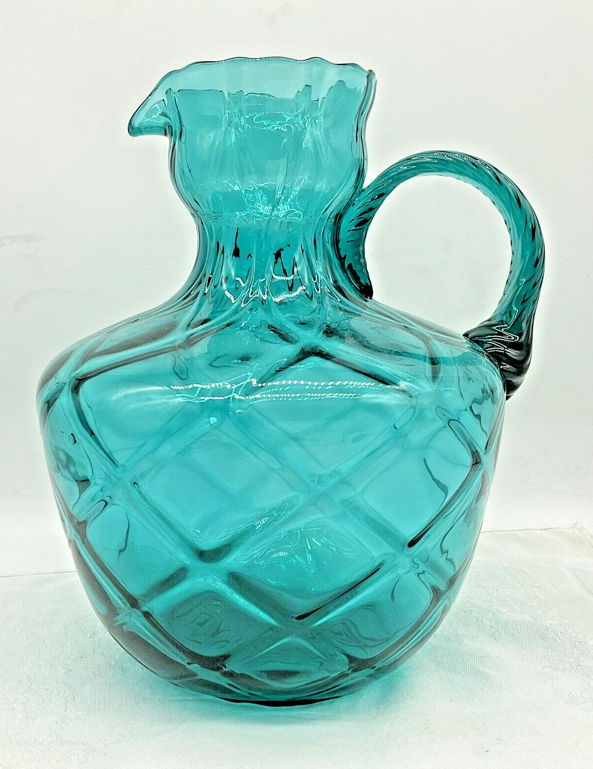 LARGE Vintage Blue Green Teal Aqua Diamond Glass Pitcher 10\