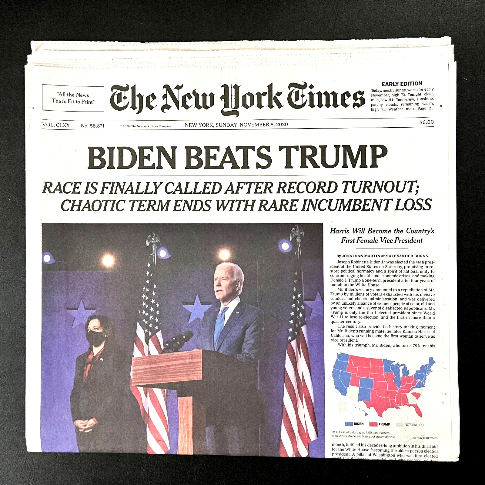 The New York Times Newspaper November 8, 2020 BIDEN BEATS TRUMP Early Edition