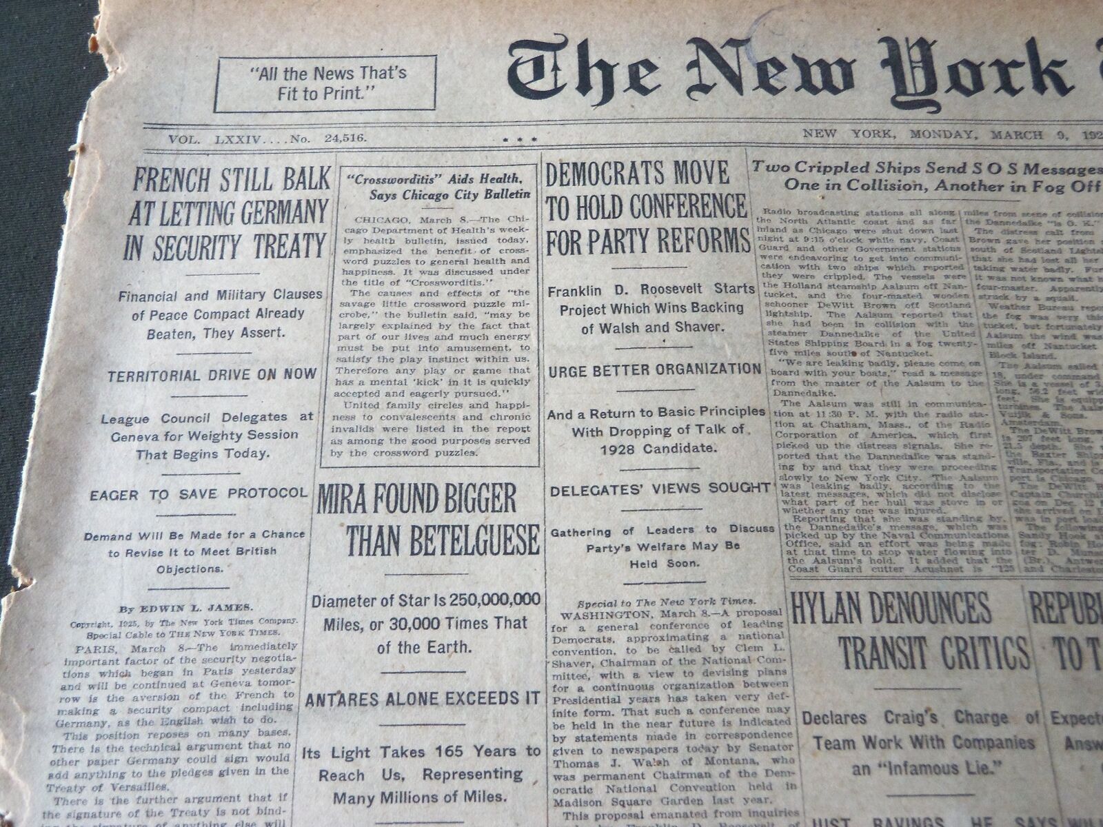 1925 MARCH 9 NEW YORK TIMES - MIRA FOUND BIGGER THAN BETELGUESE - NT 7189