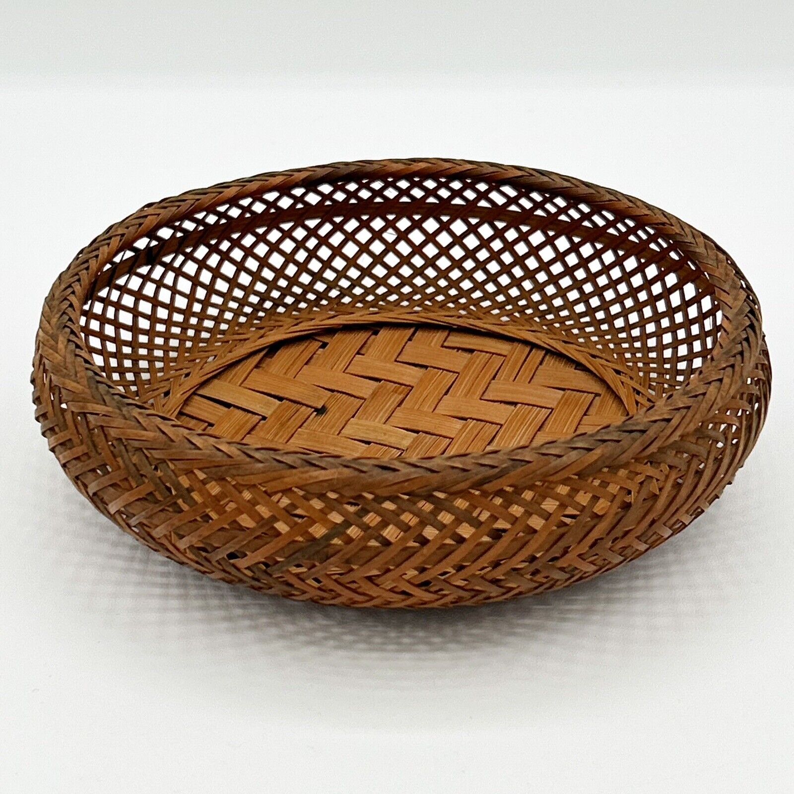 Vintage Japanese Handwoven Ratan Bamboo Basket Open Weave Medium Wood Tones 5.5”