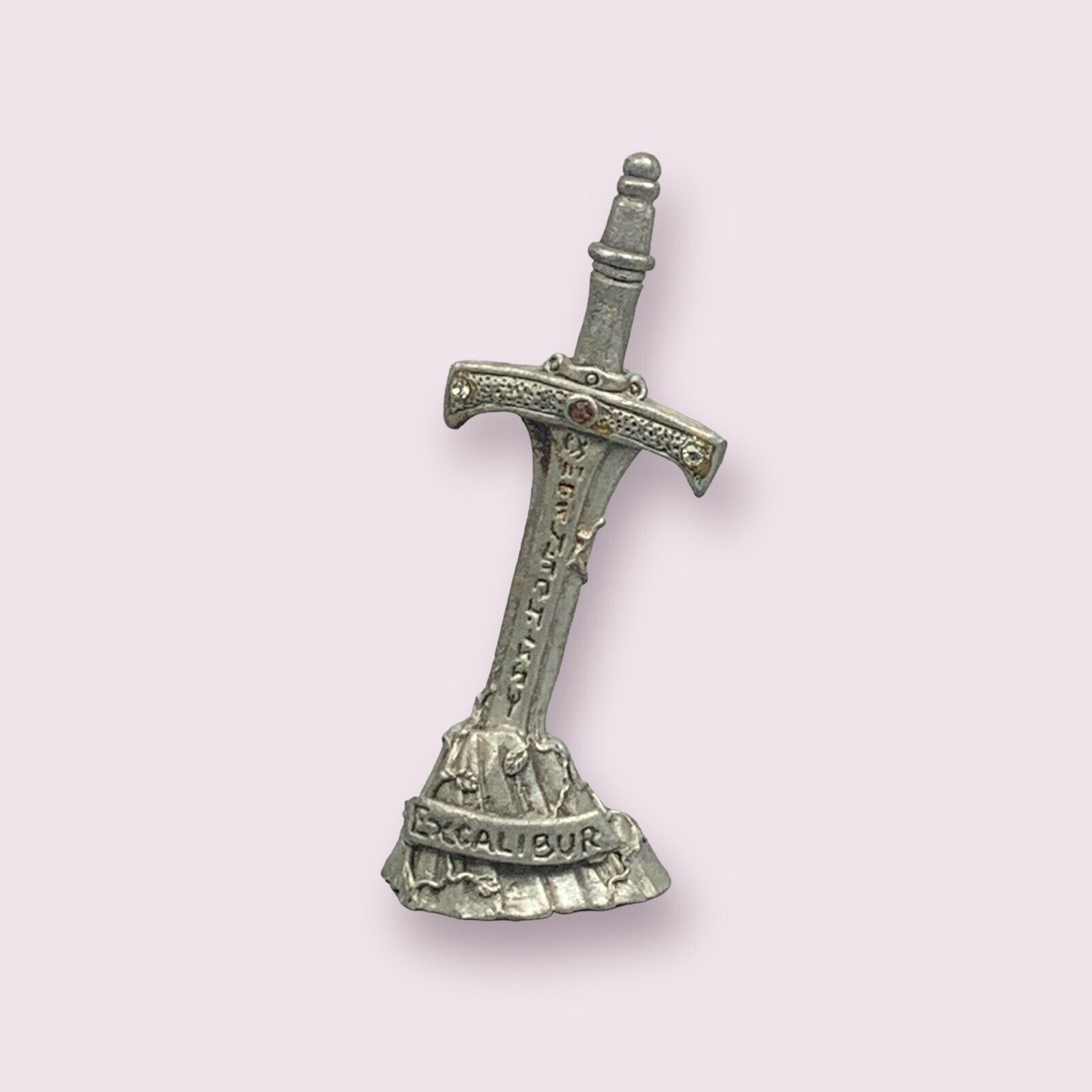 Yahre Pewter Excalibur Sword in Stone with Rhinestones Vintage Mythical Fantasy