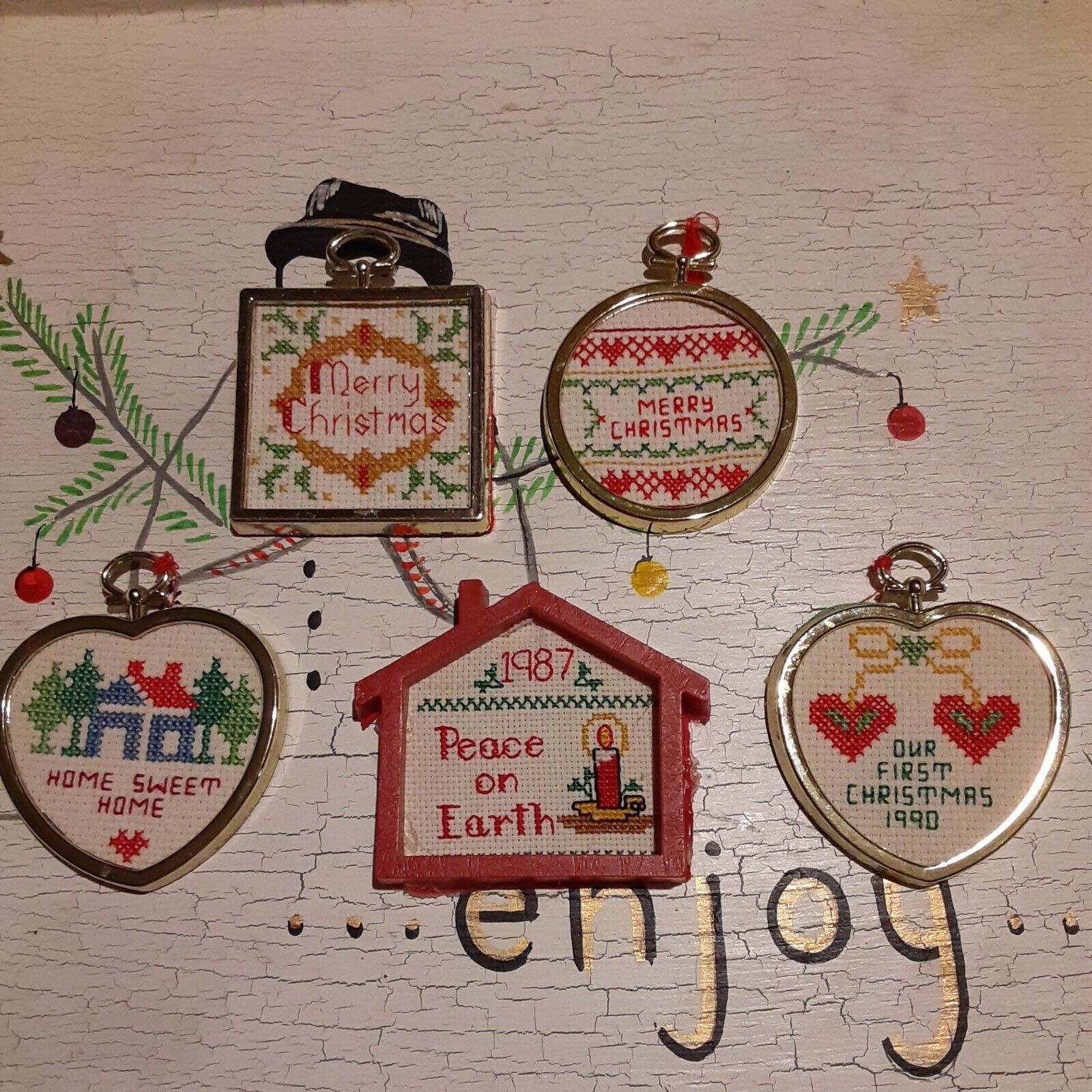 Vintage Homemade Cross stitch Embroidered Christmas Ornaments lot of 5