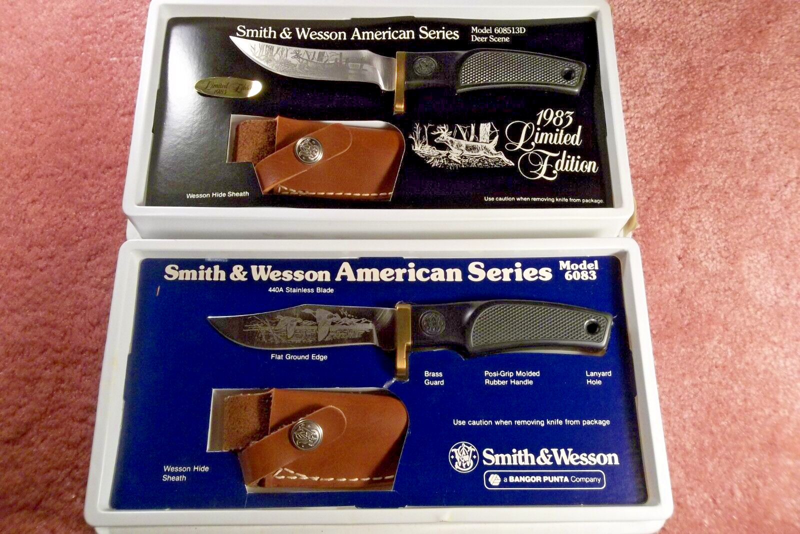 SMITH & WESSON AMERICAN SERIES KNIVES PAIR OF DEER & DUCK SCENES 1980s RARE NICE