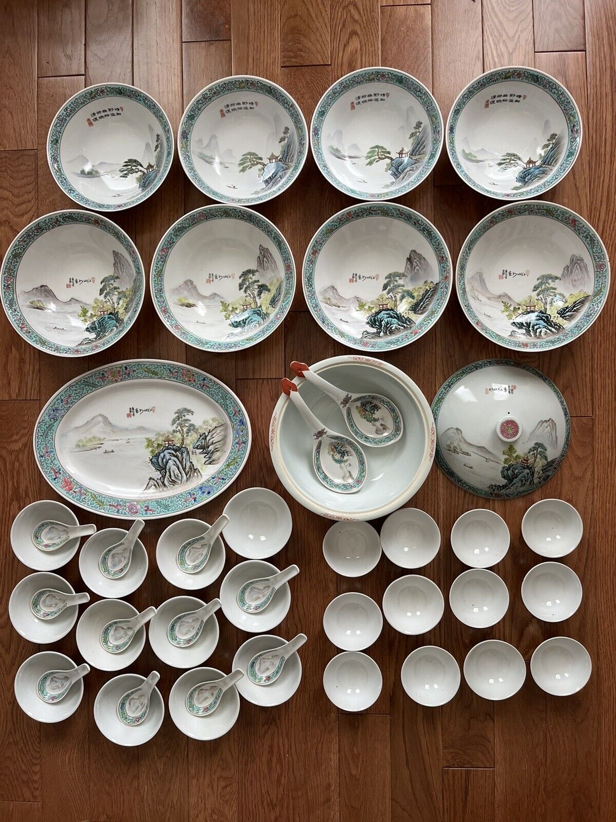 Rare Vtg 1960s Chinese Jingdezhen Handpainted Dishes set of 48 Mountain by Water