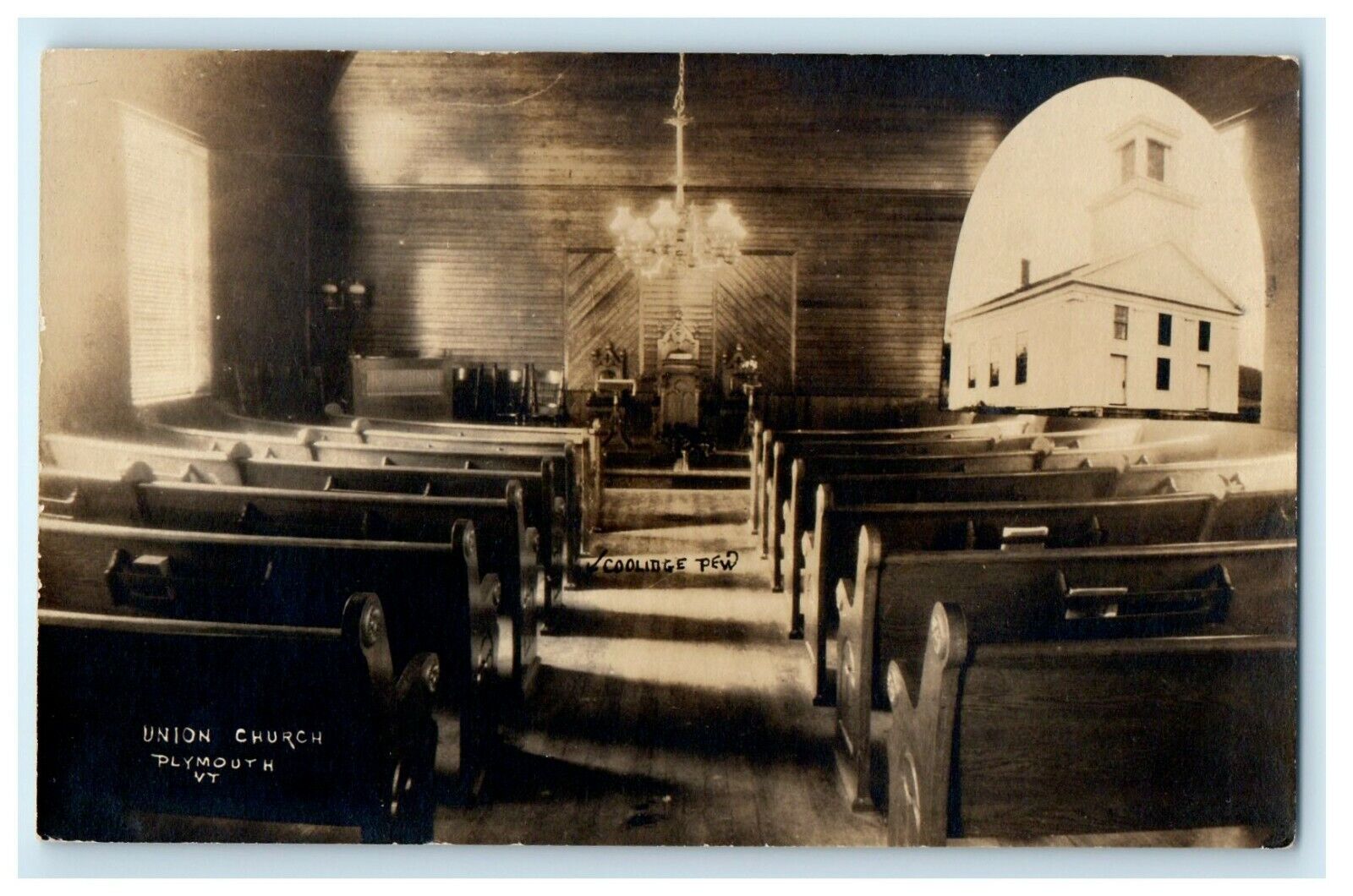 c1920\'s Union Church Interior Plymouth Vermont VT RPPC Photo Vintage Postcard