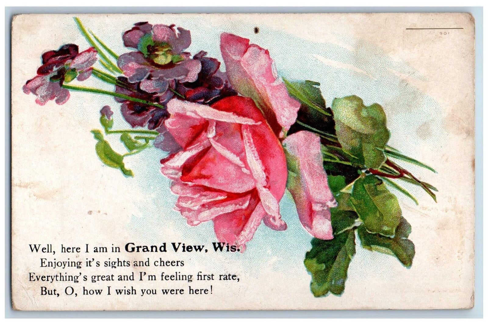 Grand View Wisconsin WI Postcard I Wish You Were Here Embossed Flowers 1918