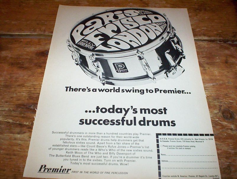 THE WHO / Keith Moon / Kenny Clarke ( PREMIER DRUMS ) ORIG 1960s Print Ad NM