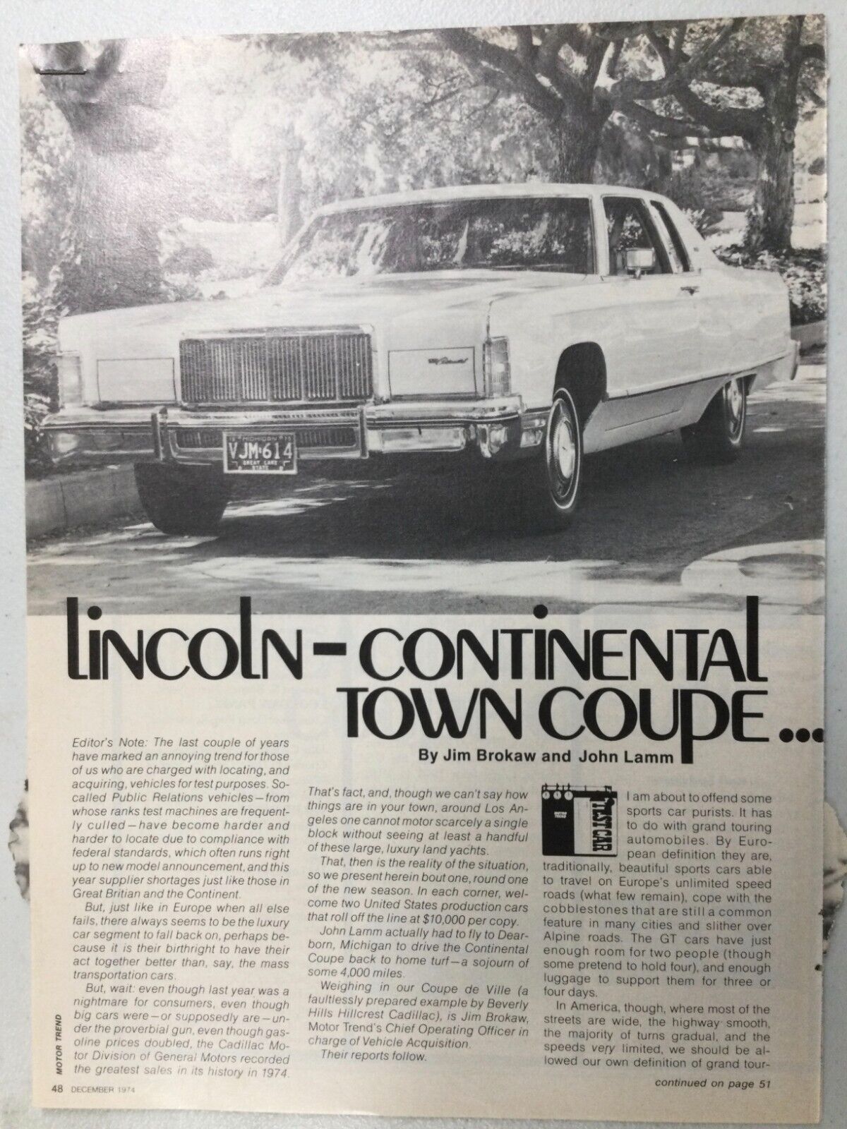 LincolnArt78 Article Road Test 1975 Lincoln Continental Town Coupe Dec 1974 4pg